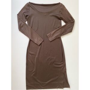 Vintage DVF Silk Chocolate Brown Long-Sleeve Boatneck Bateau Slit Midi Dress